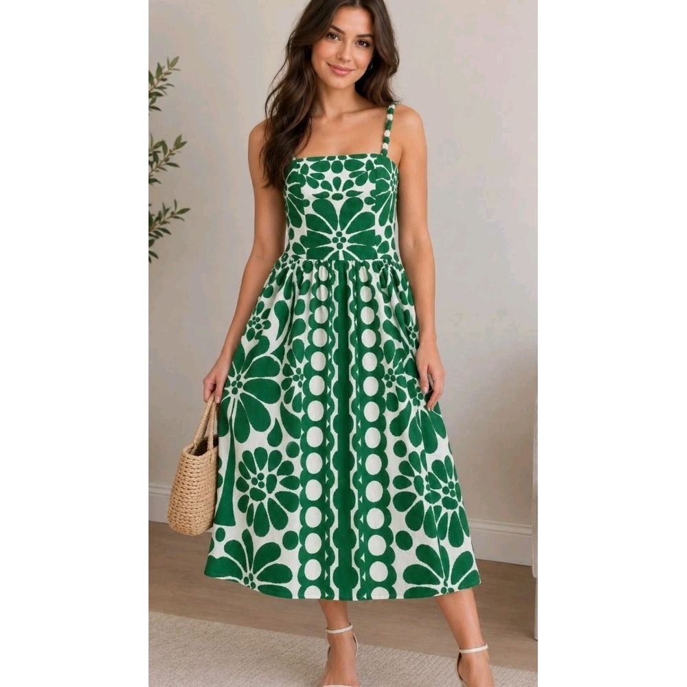 Caroline Constas Green White Floral Linen Blend Midi Dress Size S NWT